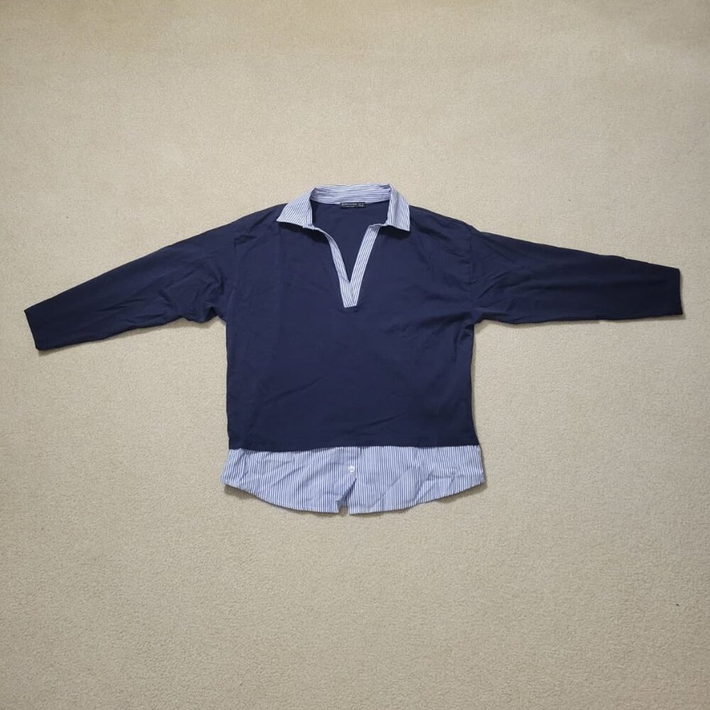 Stradivarius Women's Navy Blue Collared Twofer Top, Size Small